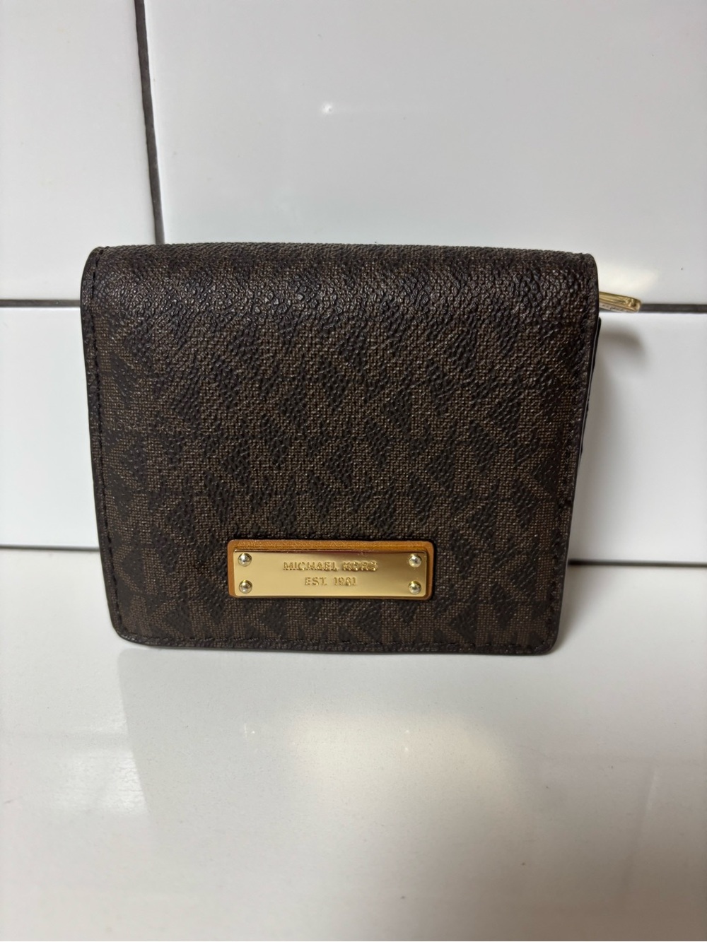 Michael Kors Dark Brown Signature Compact Wallet with Gold Plaque